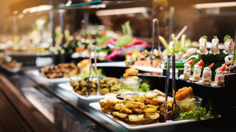 A hotel buffet food display